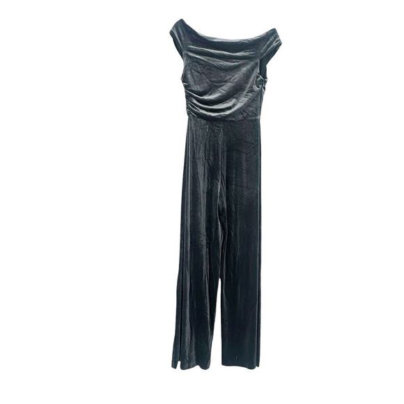 Halston Off the Shoulder Wren Steel Velvet Jumpsuit Ruched Wide Leg Size 4 NWOT - Picture 6 of 13